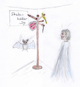 A coat rack "stake holder" with various stakes and a bat and vampire looking shocked.